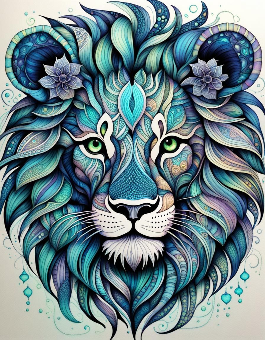 Bioluminescent Zentangle Lion in Holographic Style