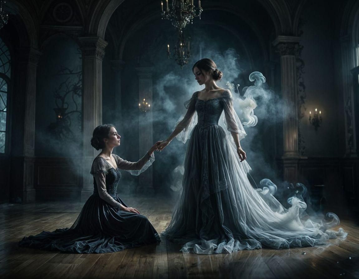 Ethereal Women in Misty Ballroom: Gothic Romance