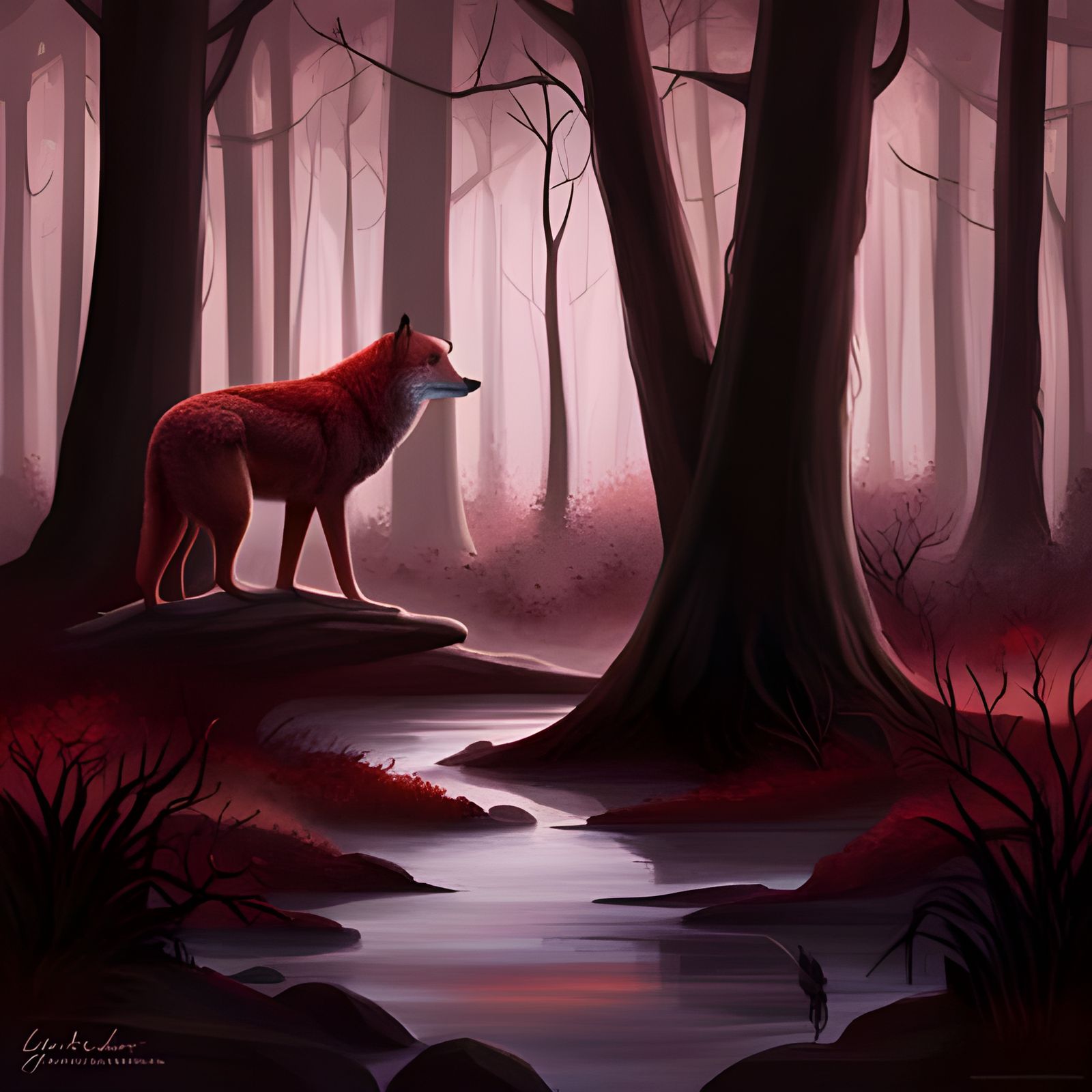 Red Wolf in Spooky Swamp Forest