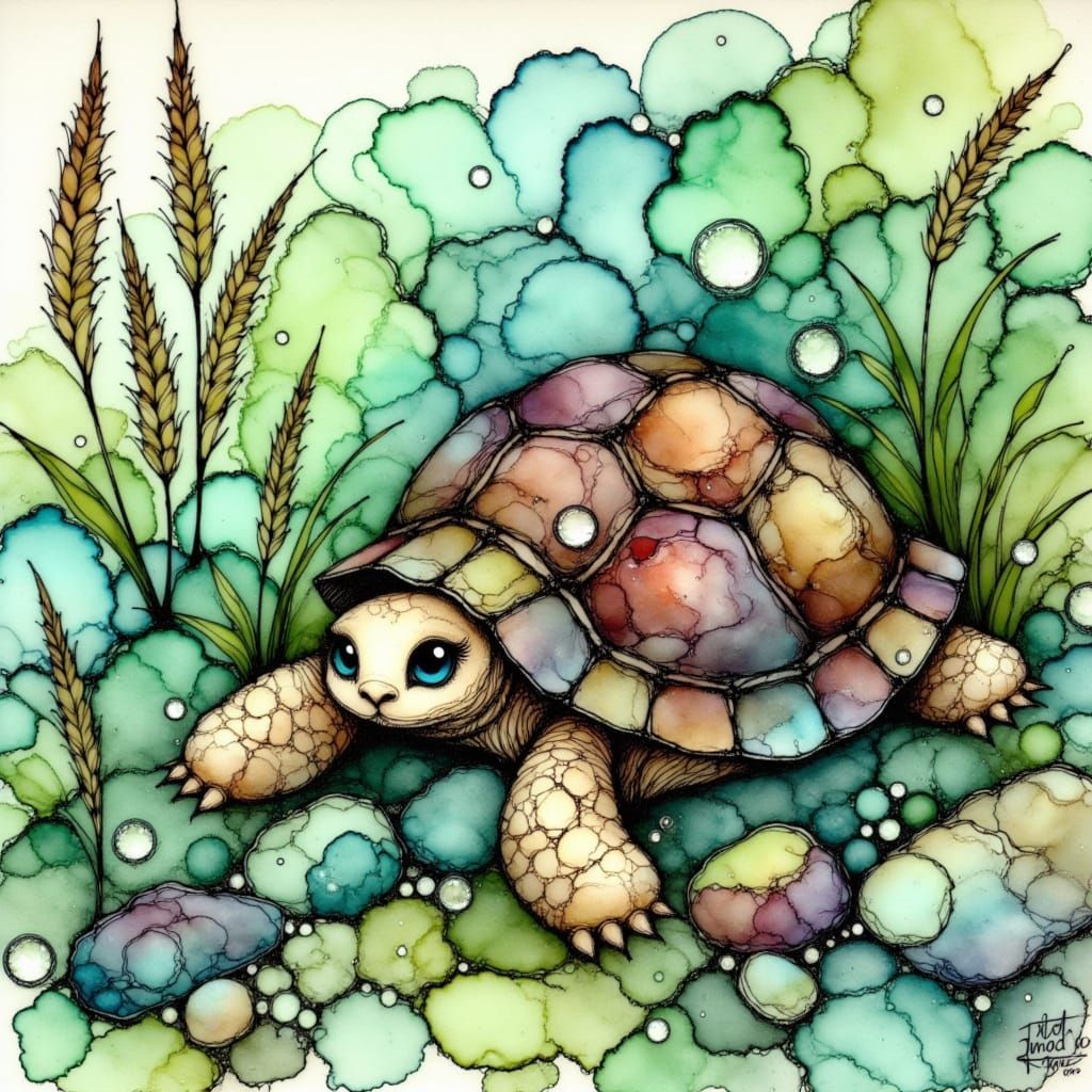 Vibrant Whimsical Tortoise in Lush Greenery