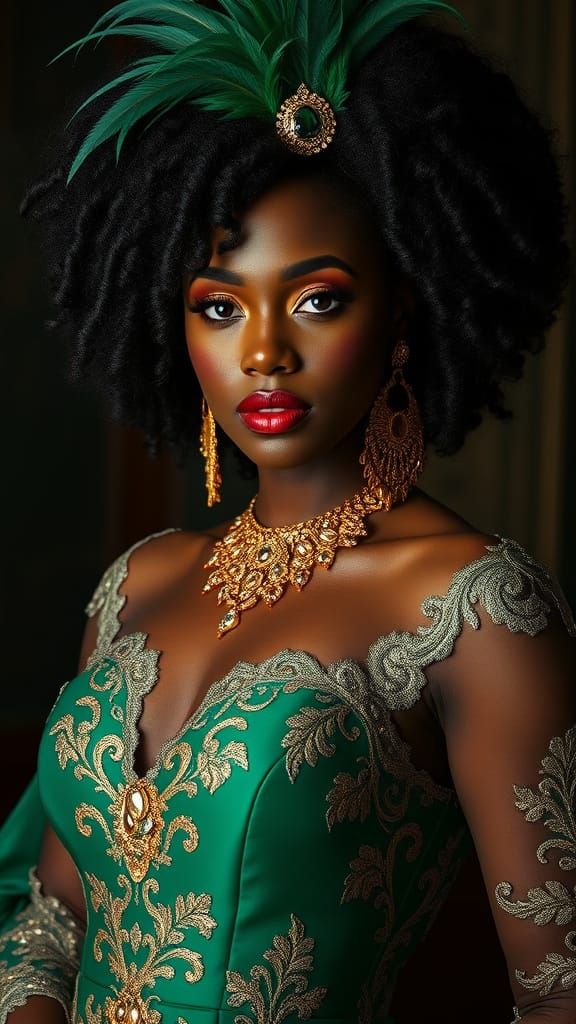 Regal Black Beauty in Emerald Green Gown with Gold Accents