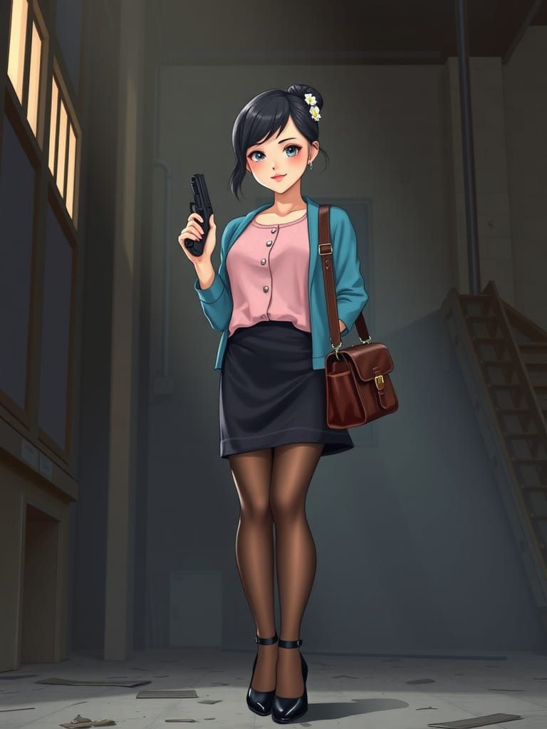 Confident Female Spy in Secret Warehouse