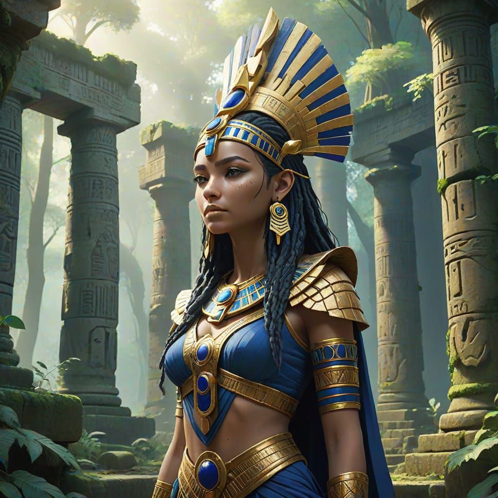 Noble Queen in Egyptian Headdress at Forest Ruins