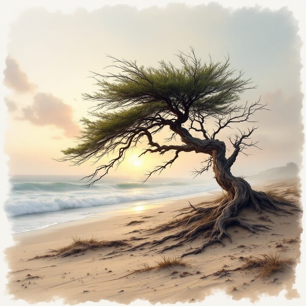 Windswept Tree on Sandy Coast at Dawn