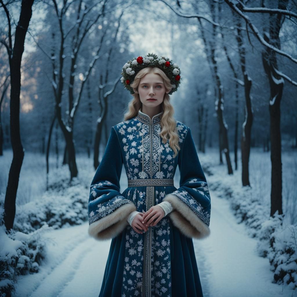 Russian Model in Snowy Moscow Landscape, Pre-Raphaelite Styl...