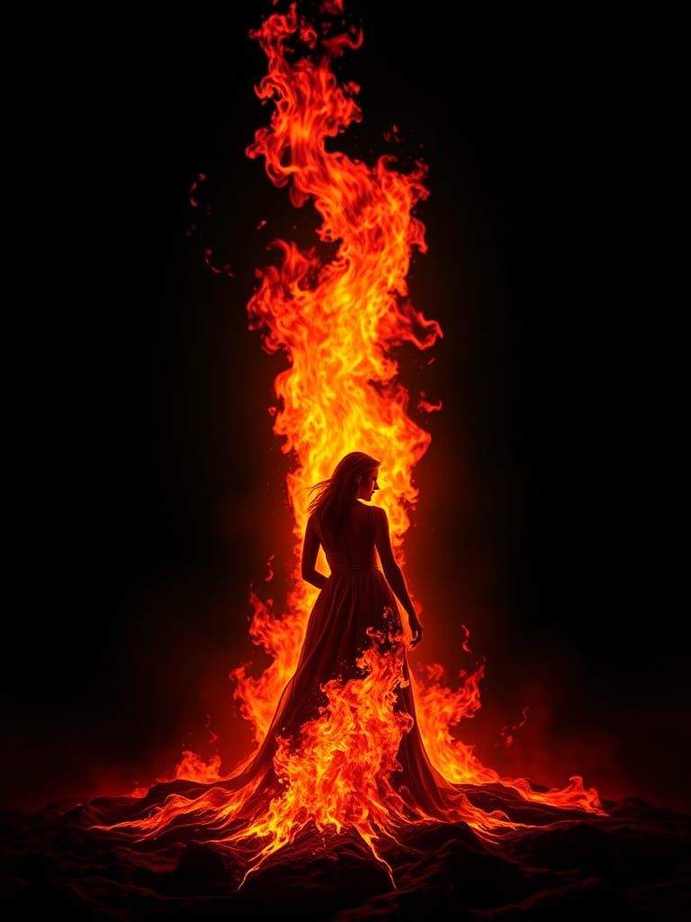 Woman's silhouette made by flames across a black abyss.