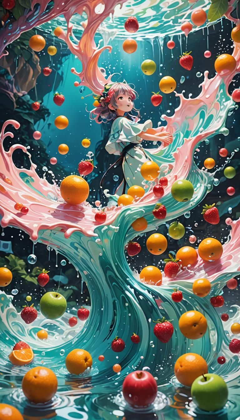 Surreal Anime Fruit Dissolving in Water
