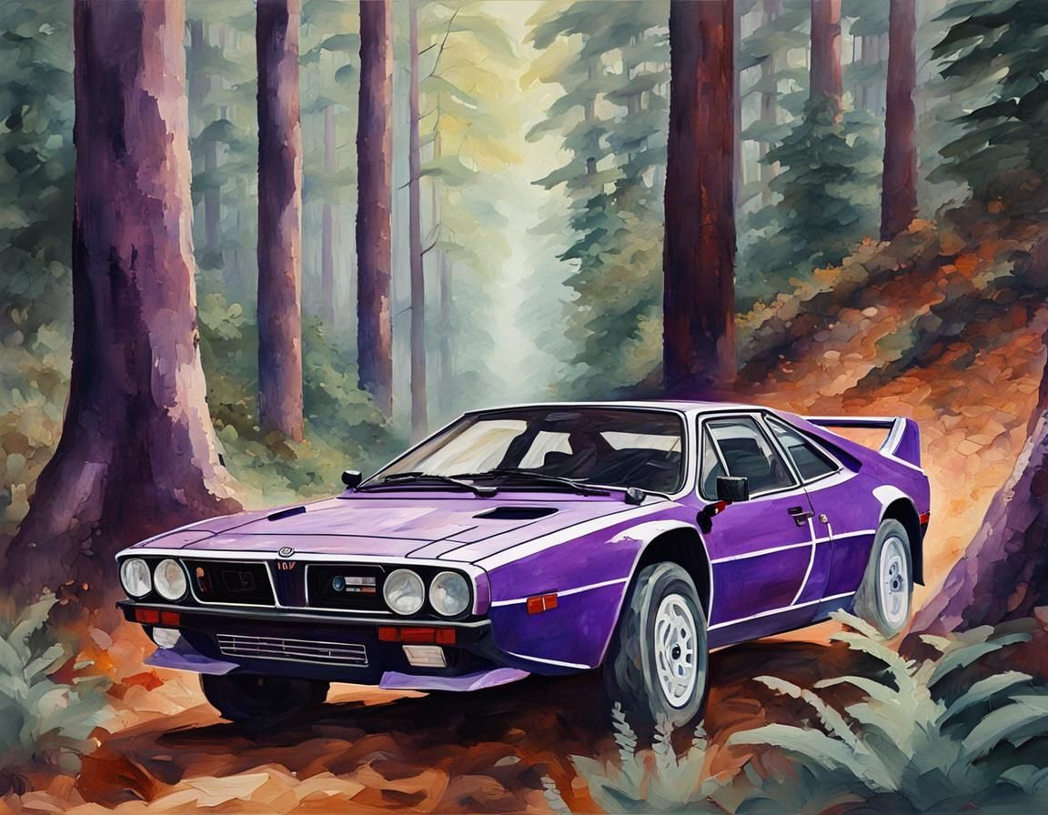 Lancia 037 Rally Car with Foxes in Gouache Style