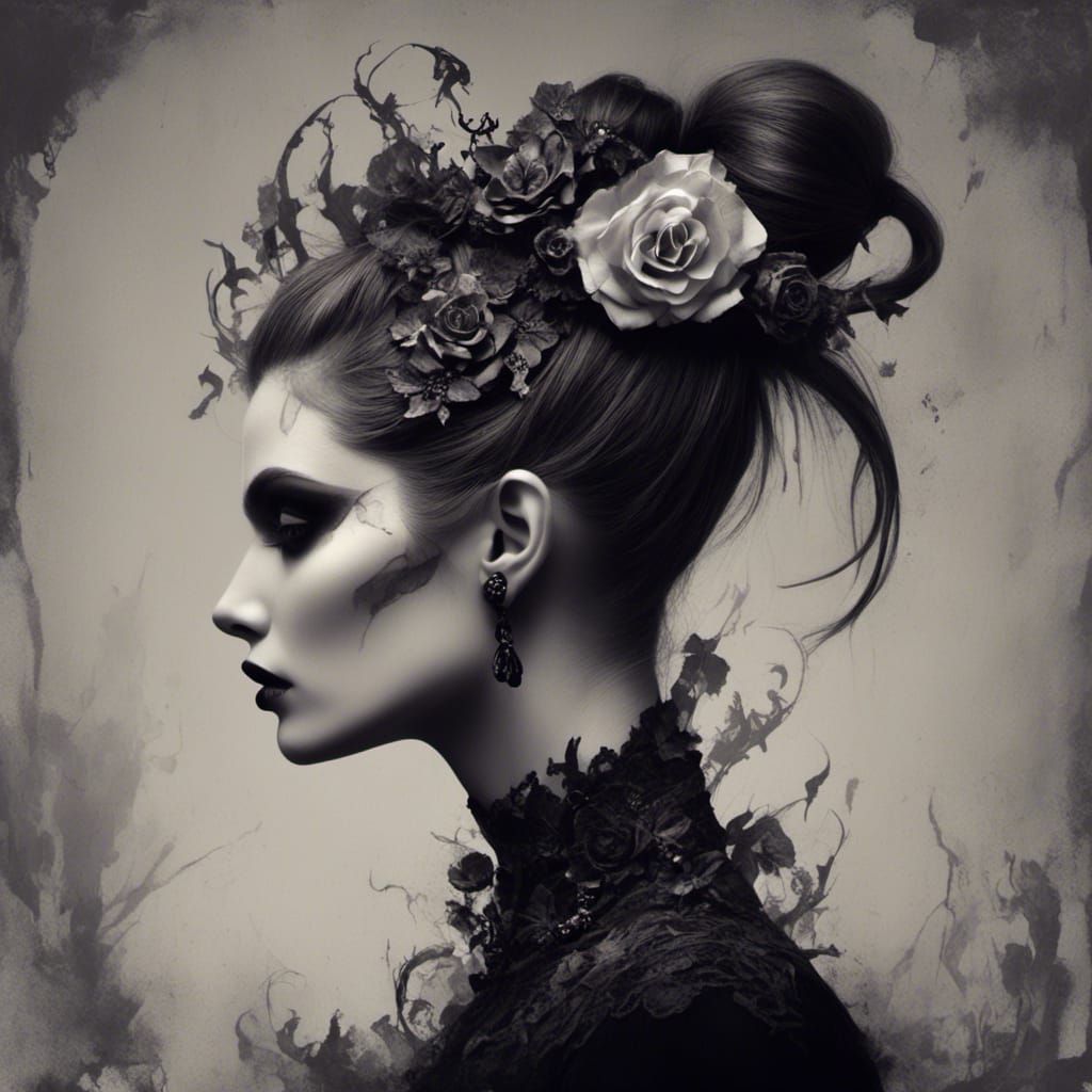 Gothic Woman Profile Portrait in Black and White