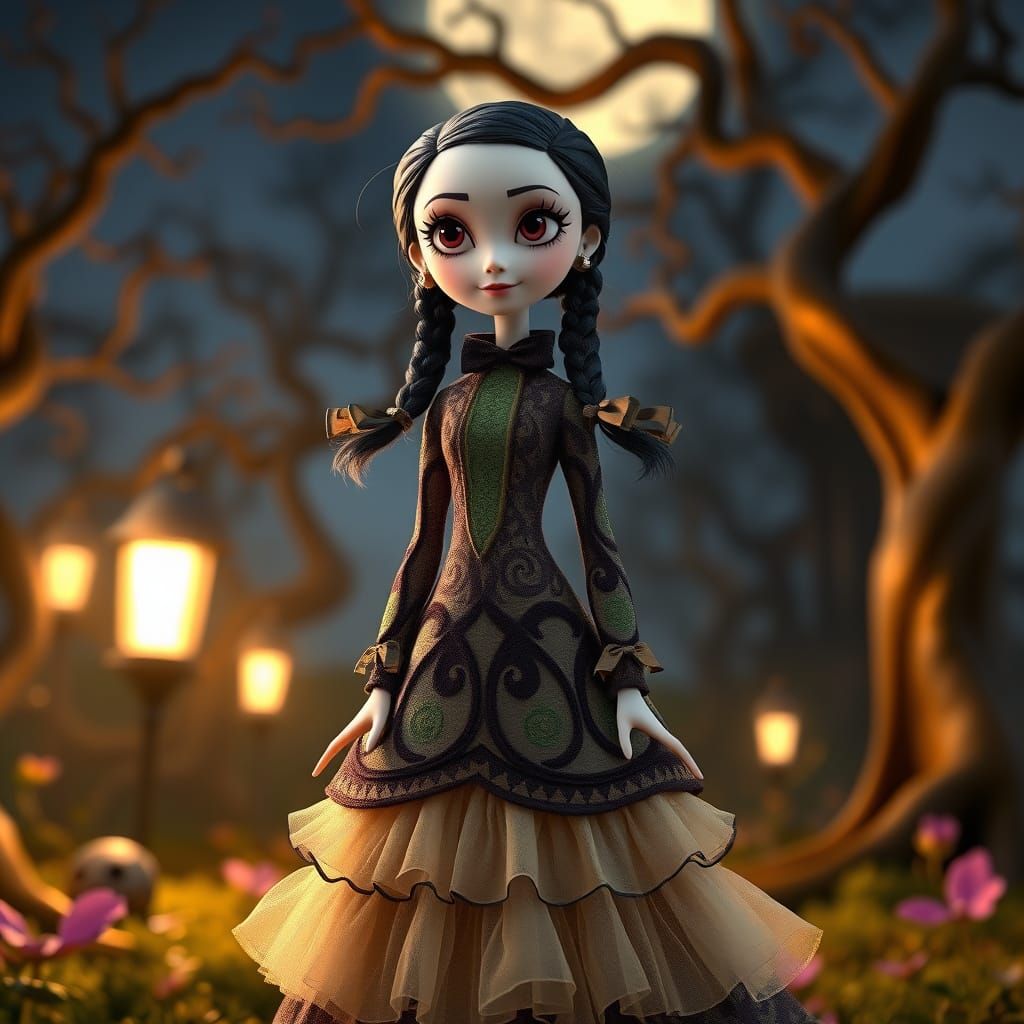 Wednesday Addams Doll in Moonlit Garden, Disney Pixar Style
