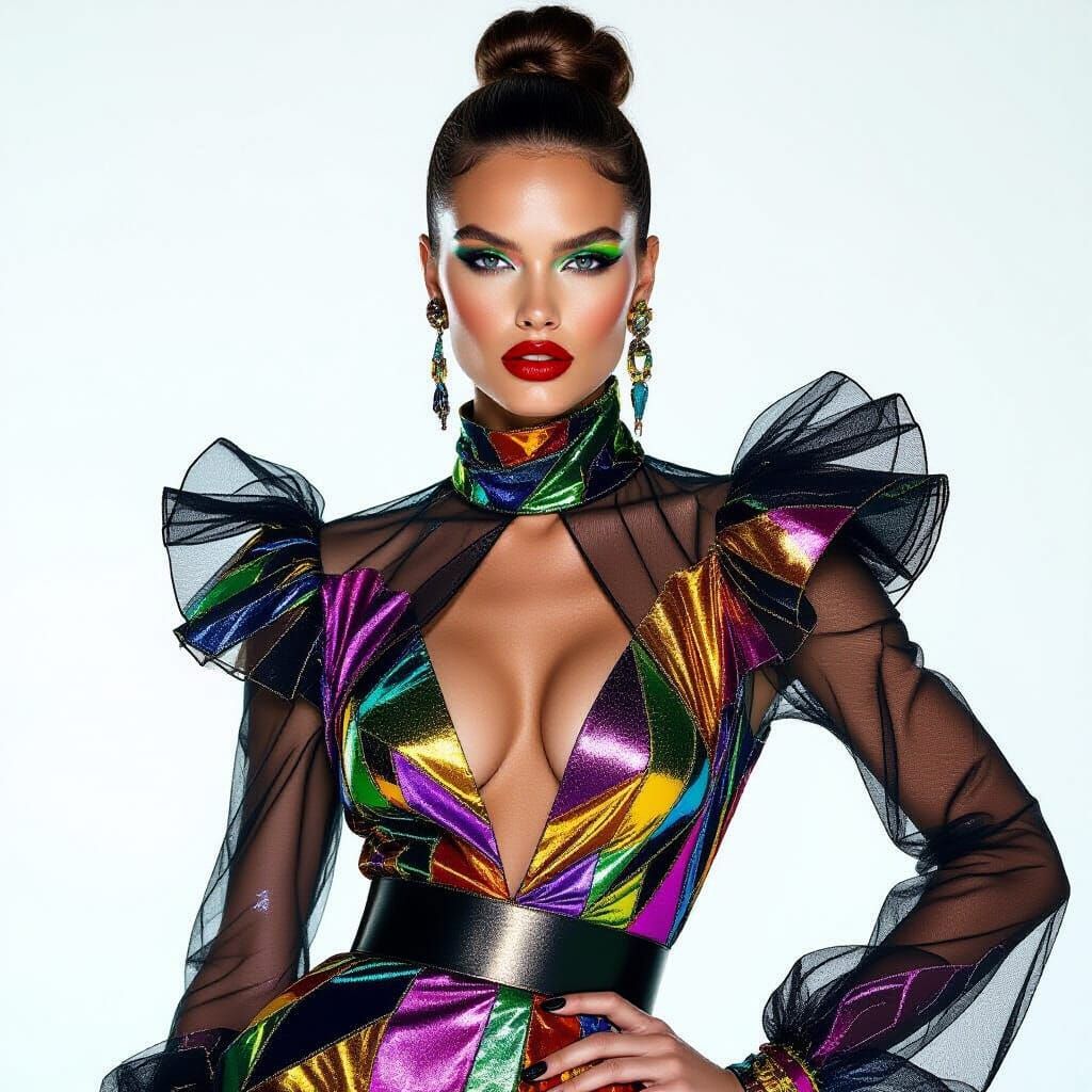 High Fashion Model in Metallic Mesh and Silk