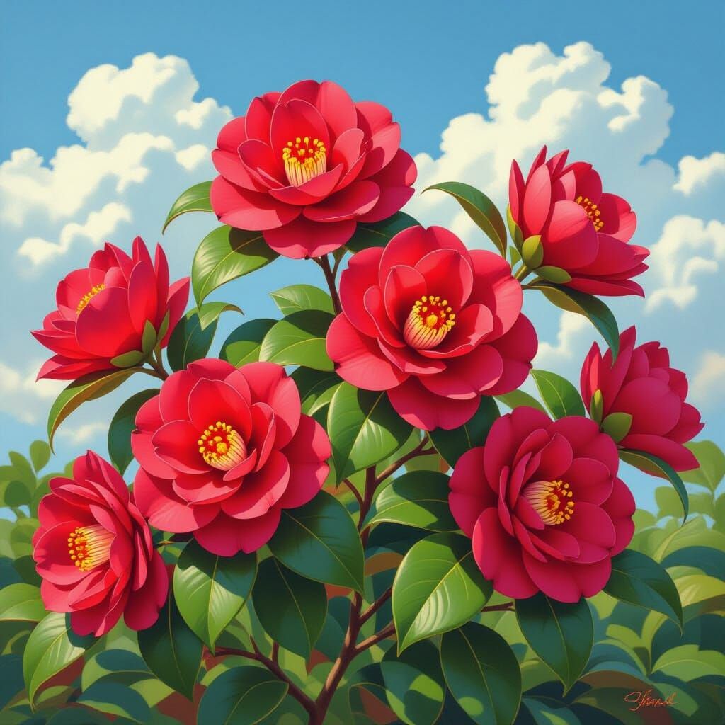 Red Camellias Bloom in Watercolor Sky