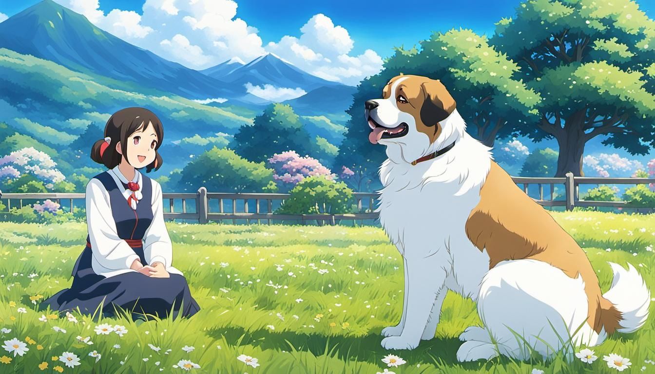 Girl and Saint Bernard Anime Scene in 64k HDR