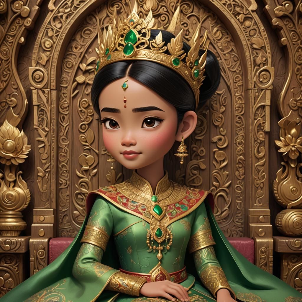 Thai Princess on Throne in Emerald and Crimson Silk