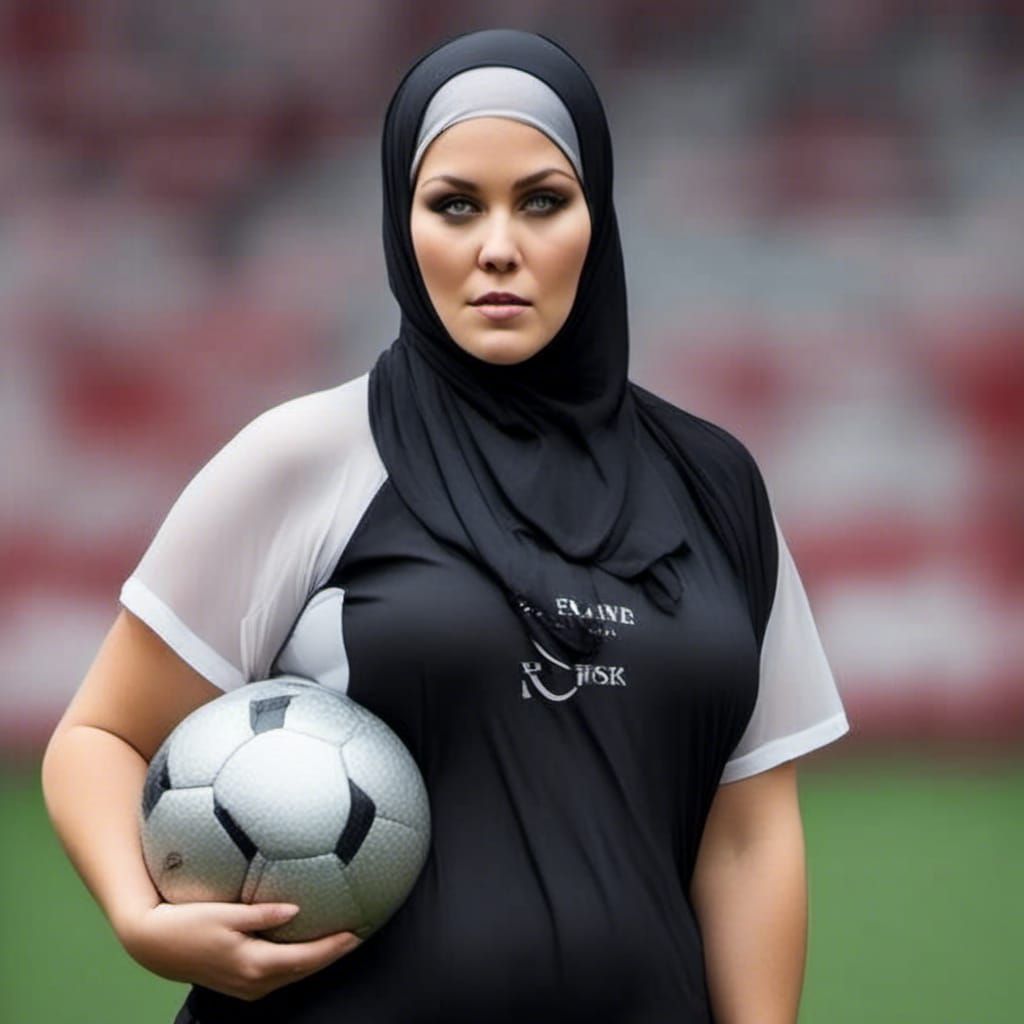 Photo realistic. Super realism. A footballer wearing a burkini.