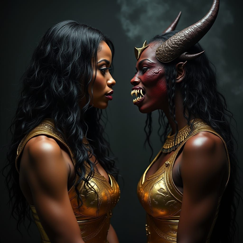 Regal Warrior Confronts Dark Demon in Cinematic Portrait