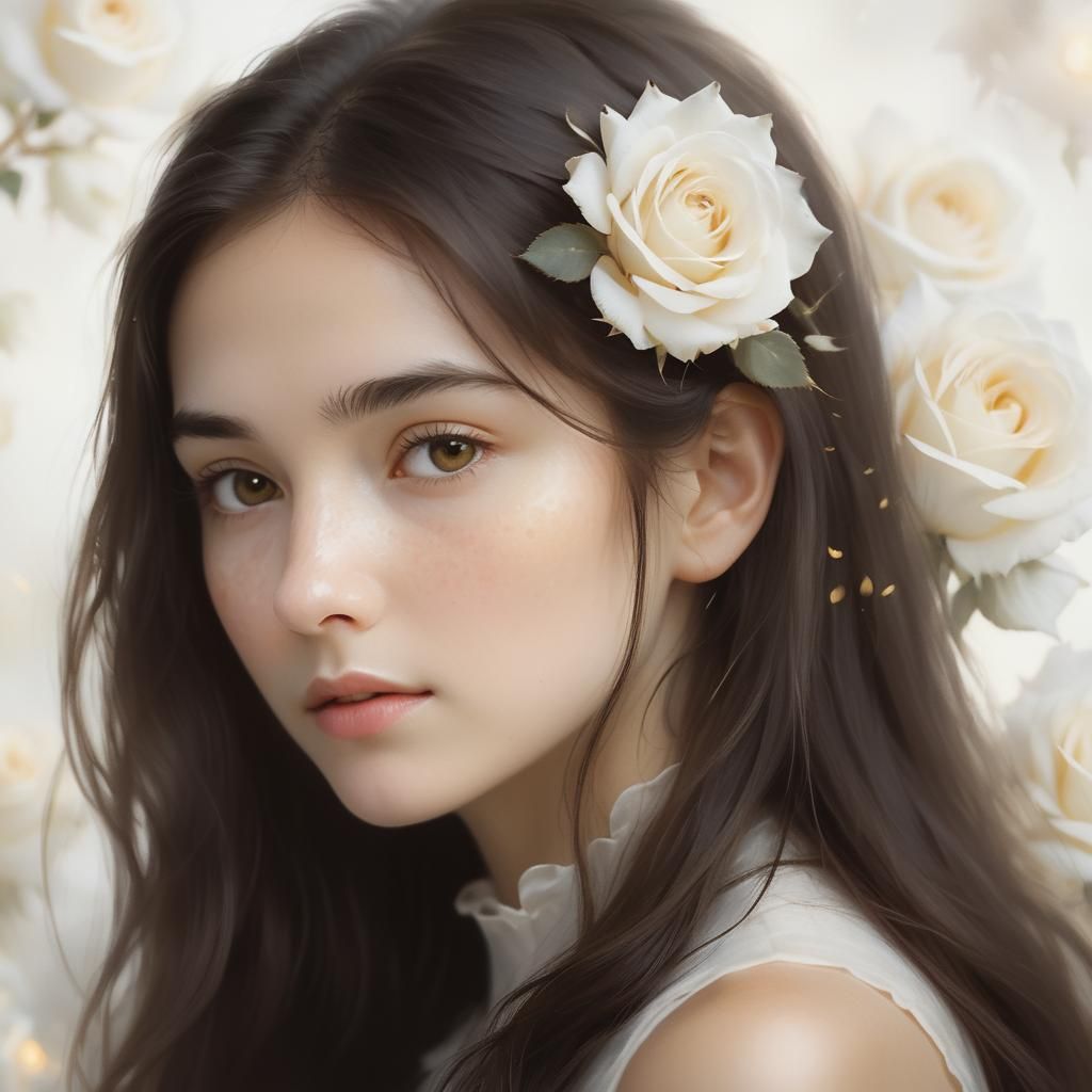 Woman Surrounded by Falling Roses in Impressionistic Style