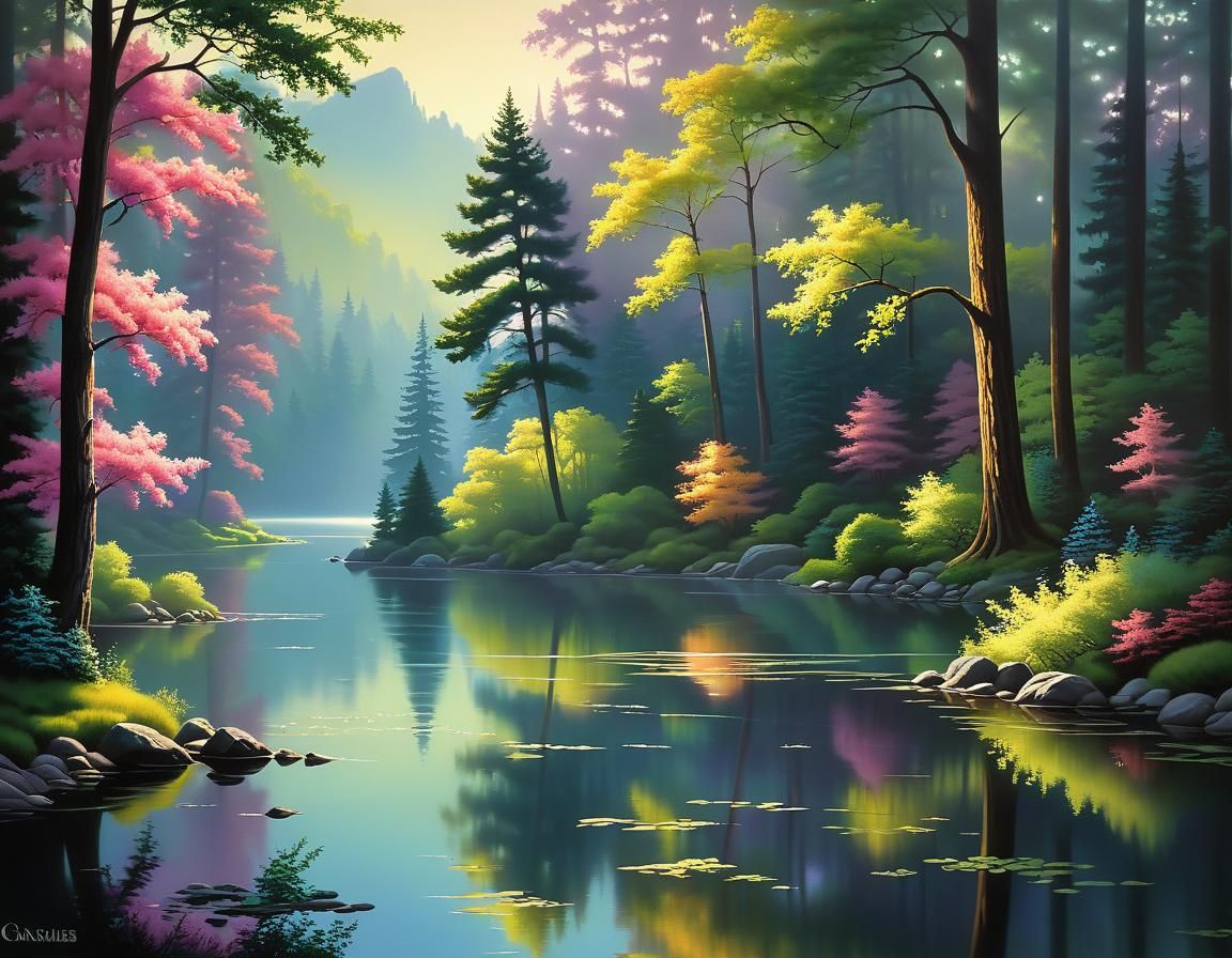 a painting of a lake surrounded by trees, gilbert williams, ...