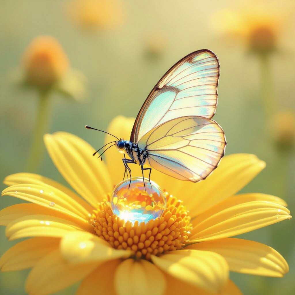 Iridescent Butterfly on Water Droplet, Ethereal Art