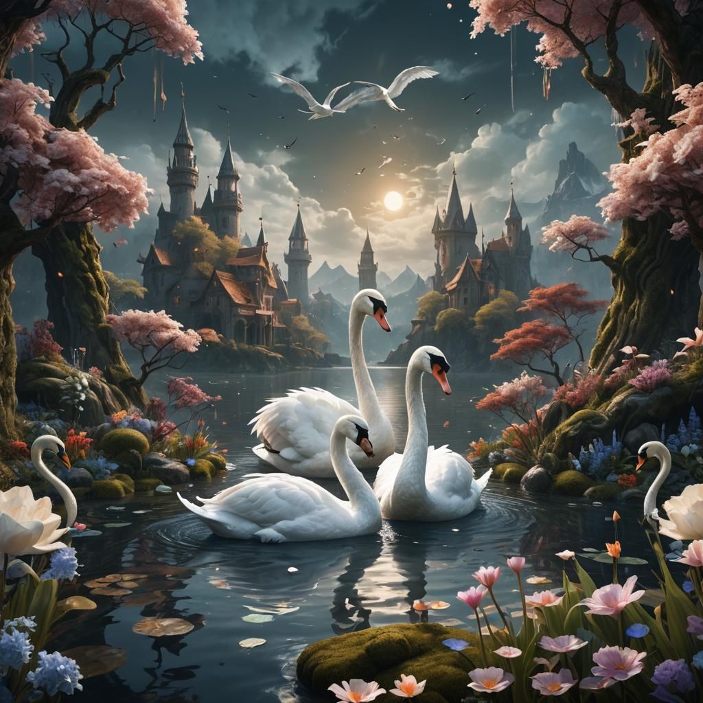 Fantastical Swans in Detailed Matte Painting