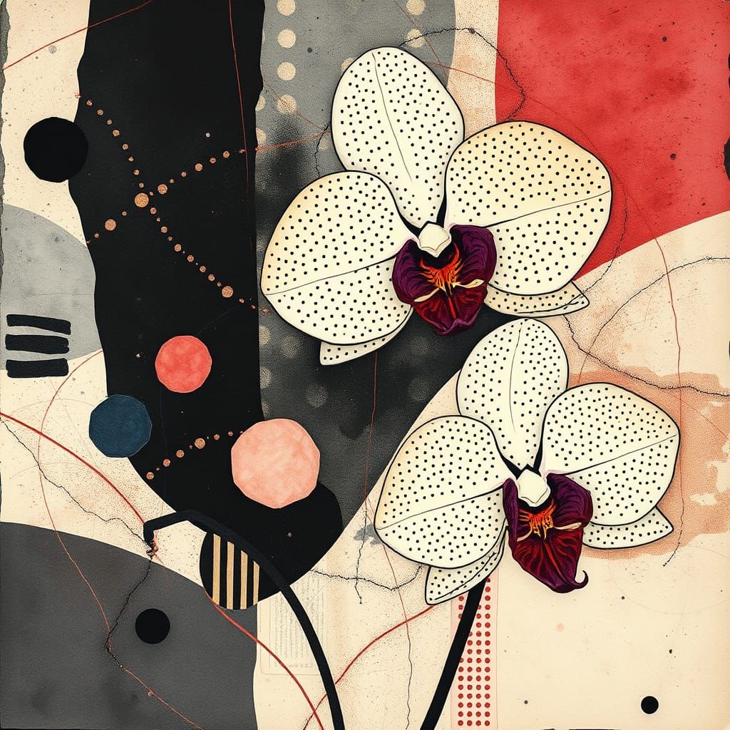 Constructivist Abstract Art with Dark Orchids