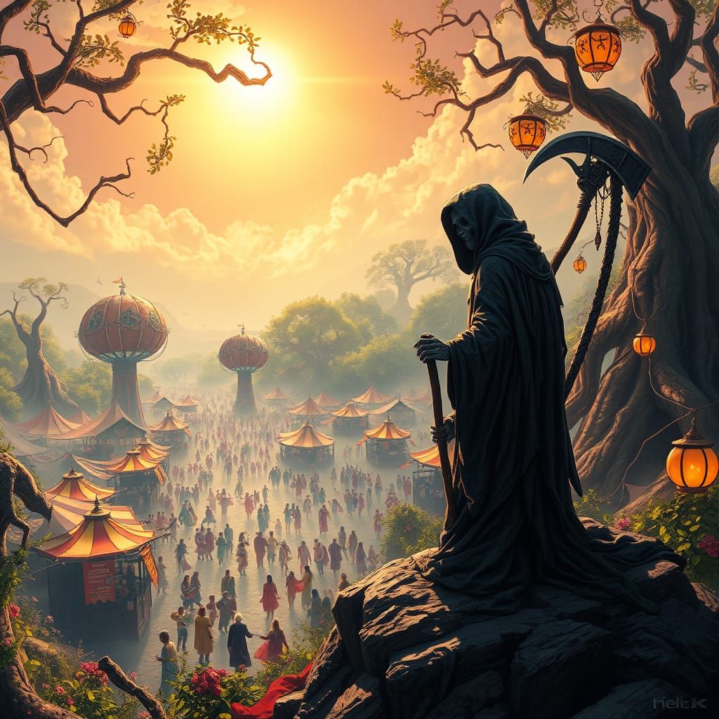 Grim Reaper Overlooks a Vibrant Festival Scene