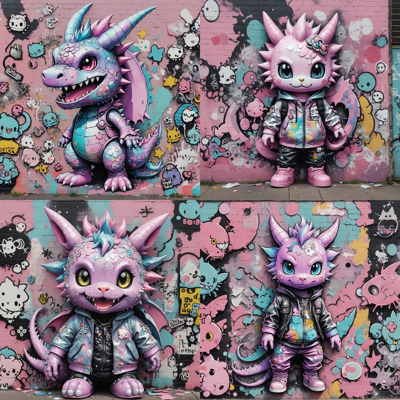 Sanrio Dragon Mural in Pastel Goth Punk Style
