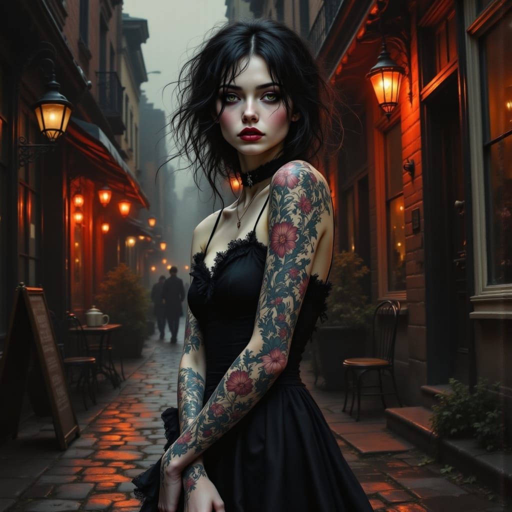 Gothic Hyperrealist Woman Basks in Neon-Lit Alley