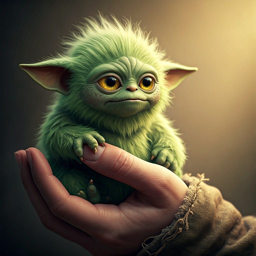 Lime Green Monster in Human Hands: Cinematic Film Still