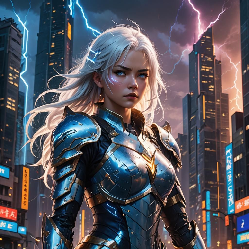 Electric Heroine Amidst Dazzling City Lights