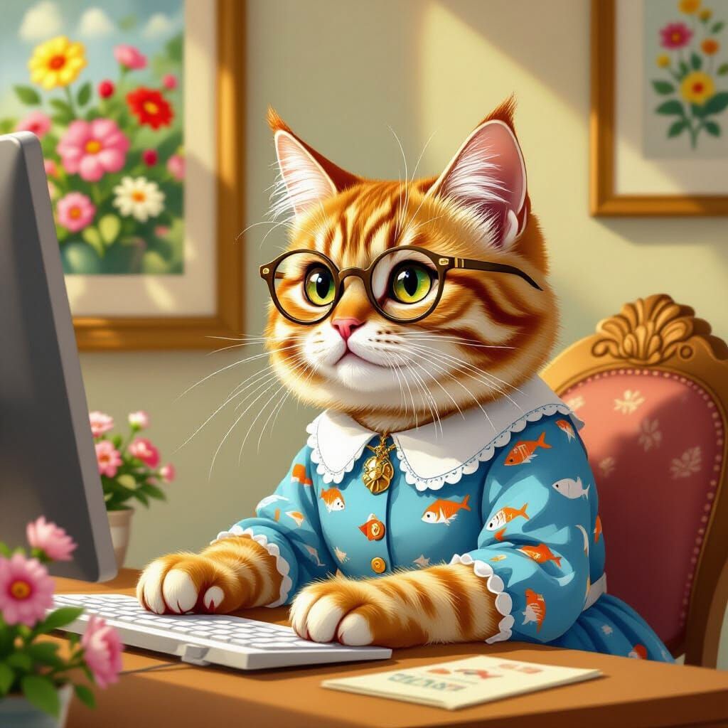 Whimsical Cat Typing at Computer in Beatrix Potter Style