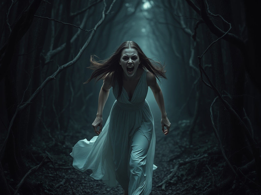 Woman's Terrified Flight Through Dark Gothic Forest