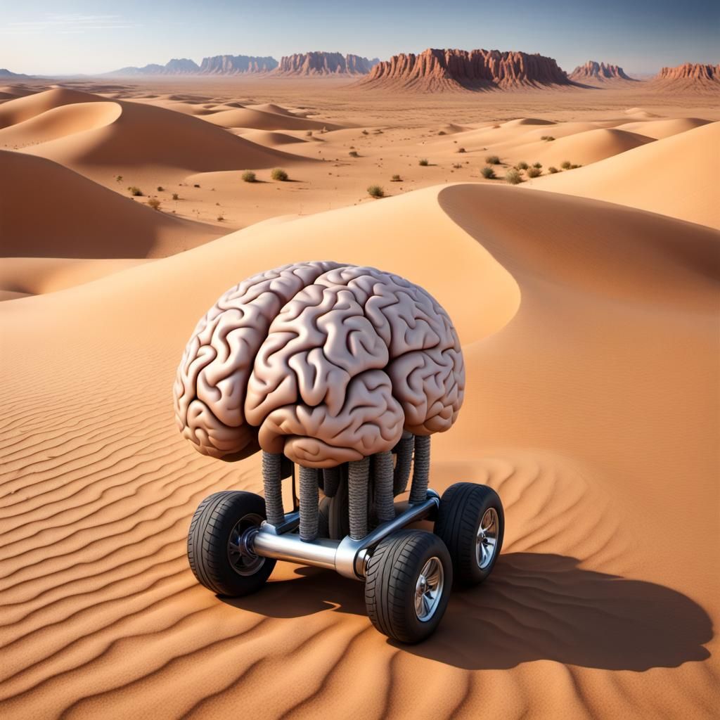 Surreal Brain on Wheels in Desert Landscape