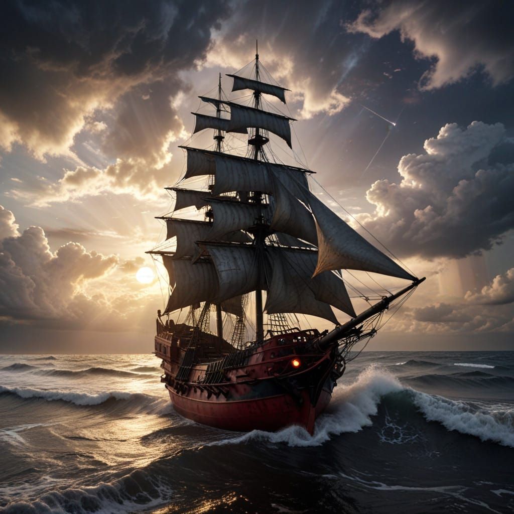 Mechanic Metal Armor Under Stormy Red Moonlit Sea