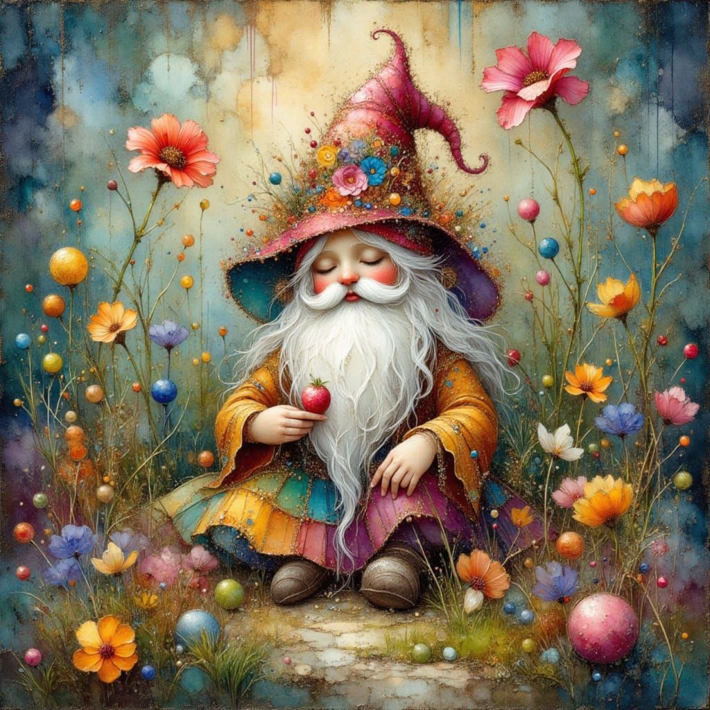 Whimsical Girly Gnome in Earthy Impressionist Style