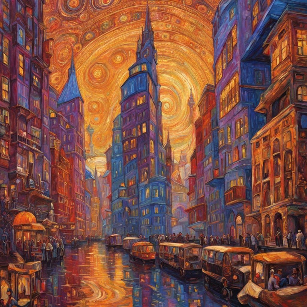 Futuristic Cityscape Tapestry in Klimt Style