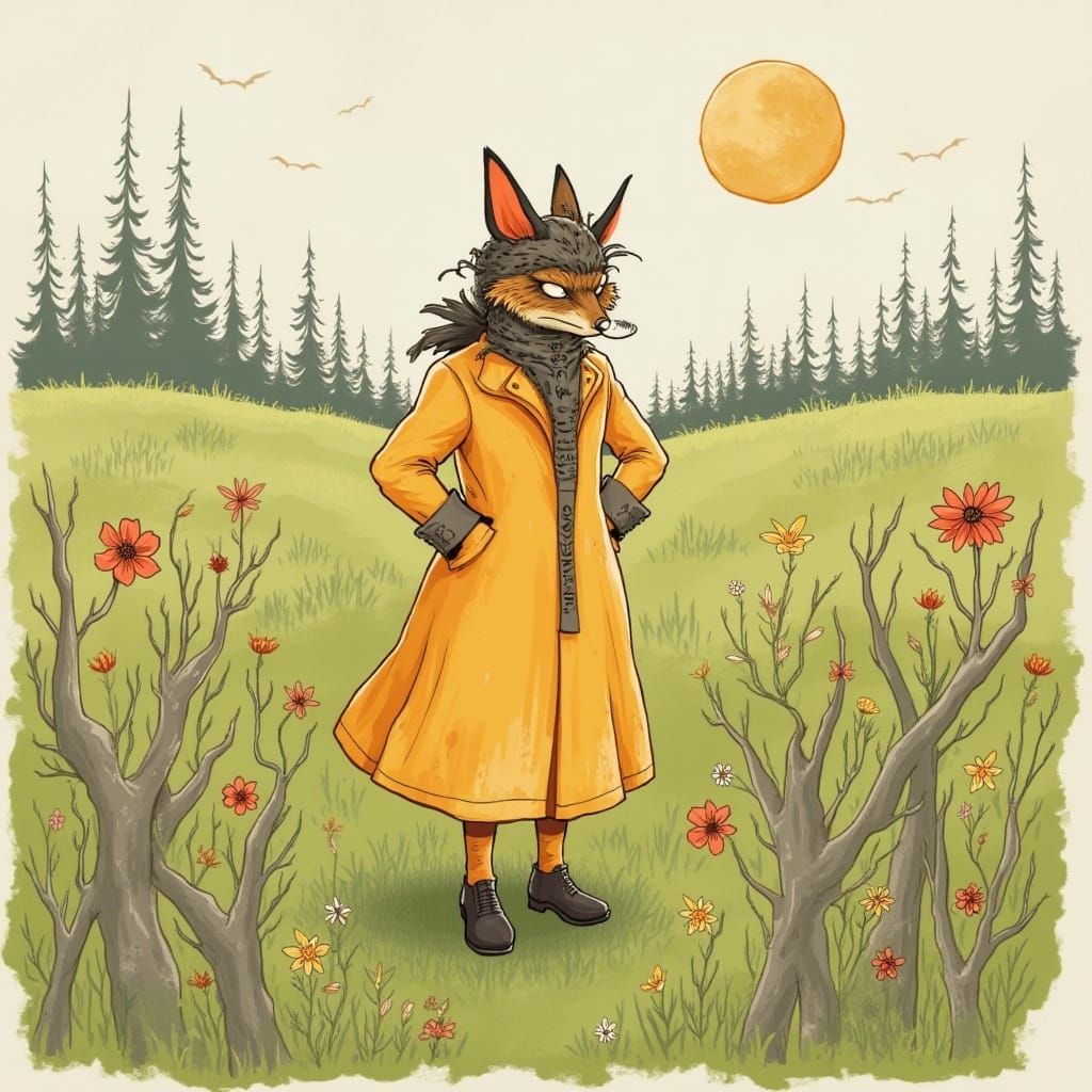 Fiery-Eyed Foxy in Victorian Attire in Moonlit Forest