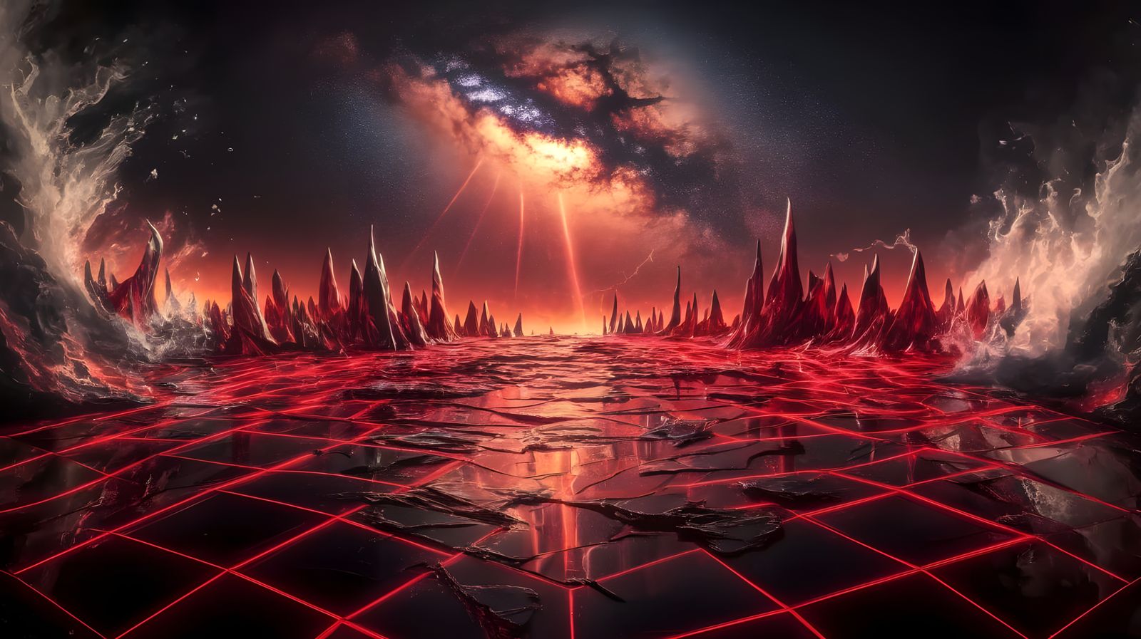 Shattered Glass Cosmic Landscape in Neon Fantasy Style