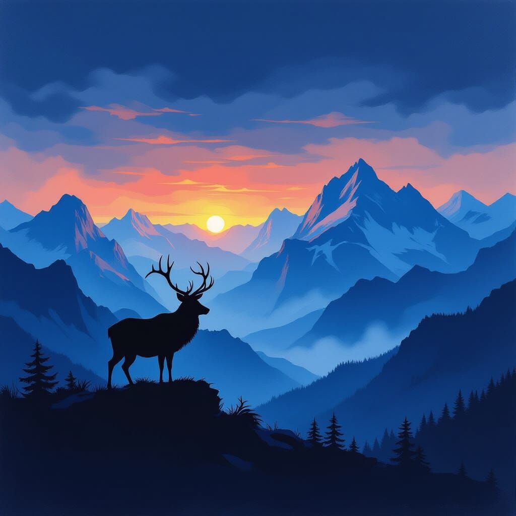 Solitary Stag at Twilight Over Mountain Range