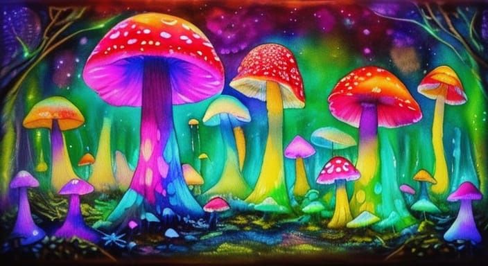 Watercolor Painting of Neon Magic Mushrooms in a Dreamy Fore...
