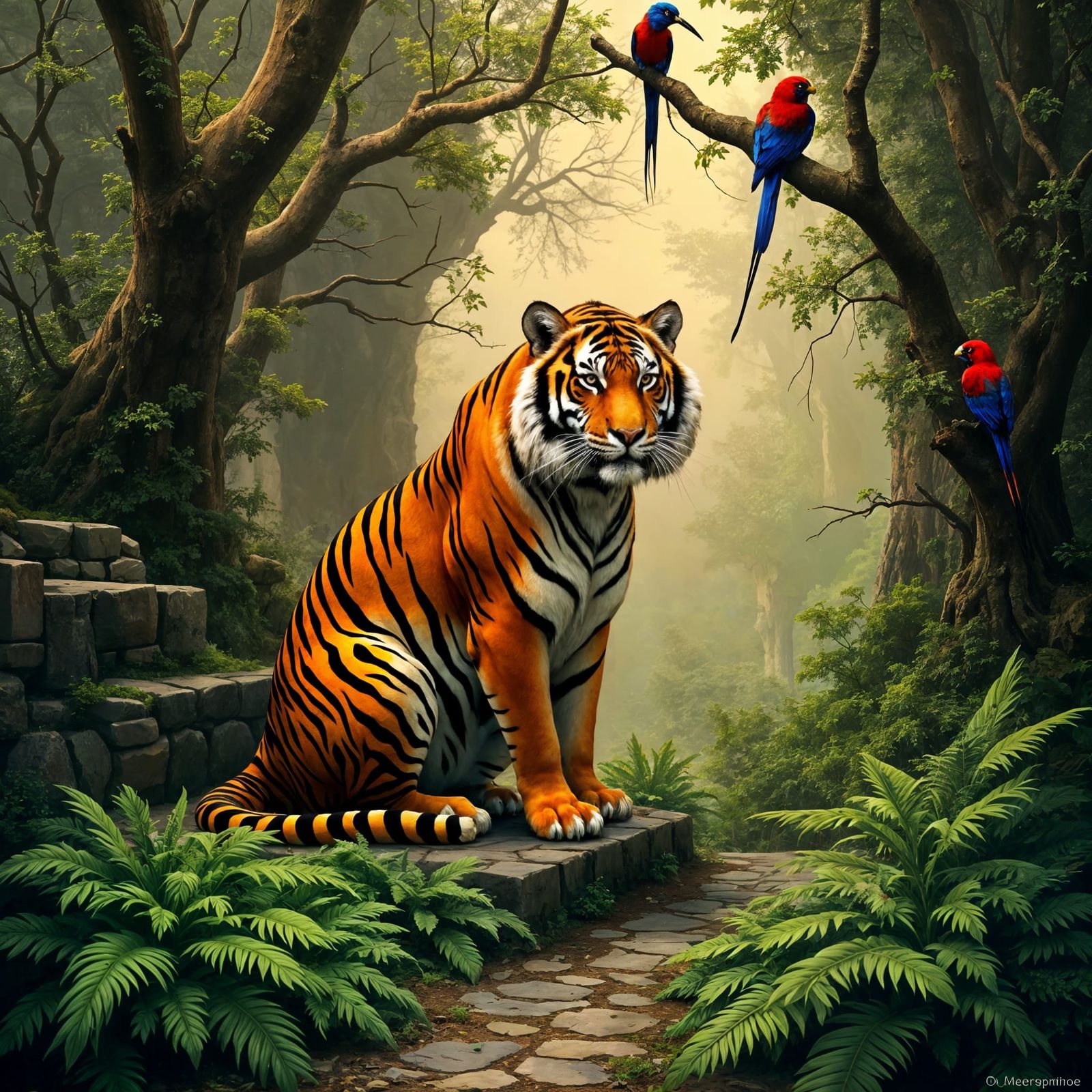 Tiger on Ruined Wall with Birds