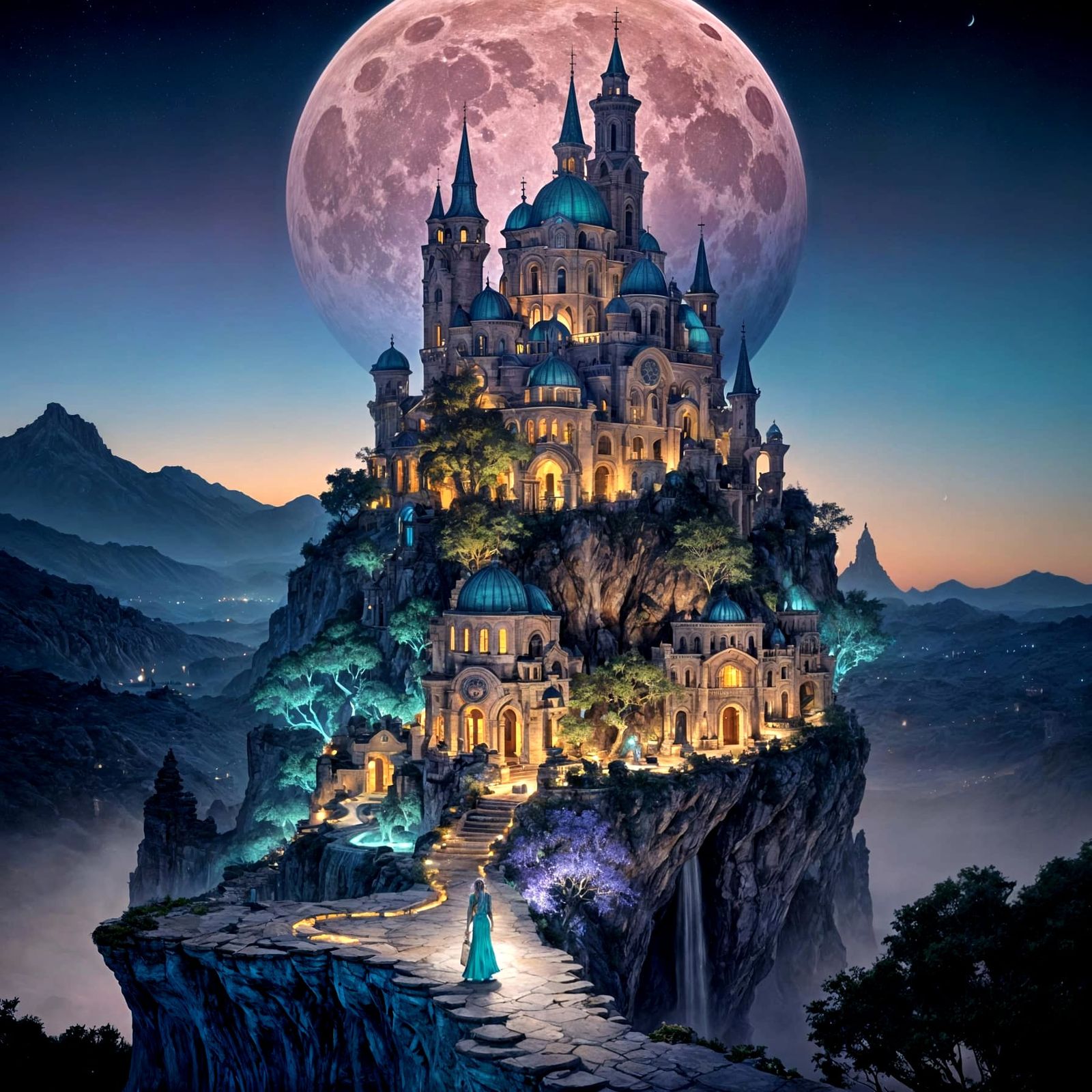 Fantasy Villa Village in Silver Crescent Moon with Waterfall
