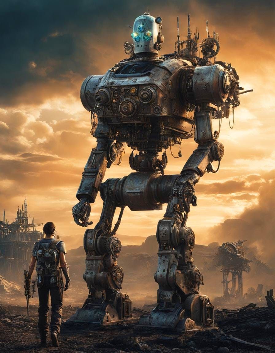 Wasteland Warrior and Cinematographe Robot in Solarpunk Styl...