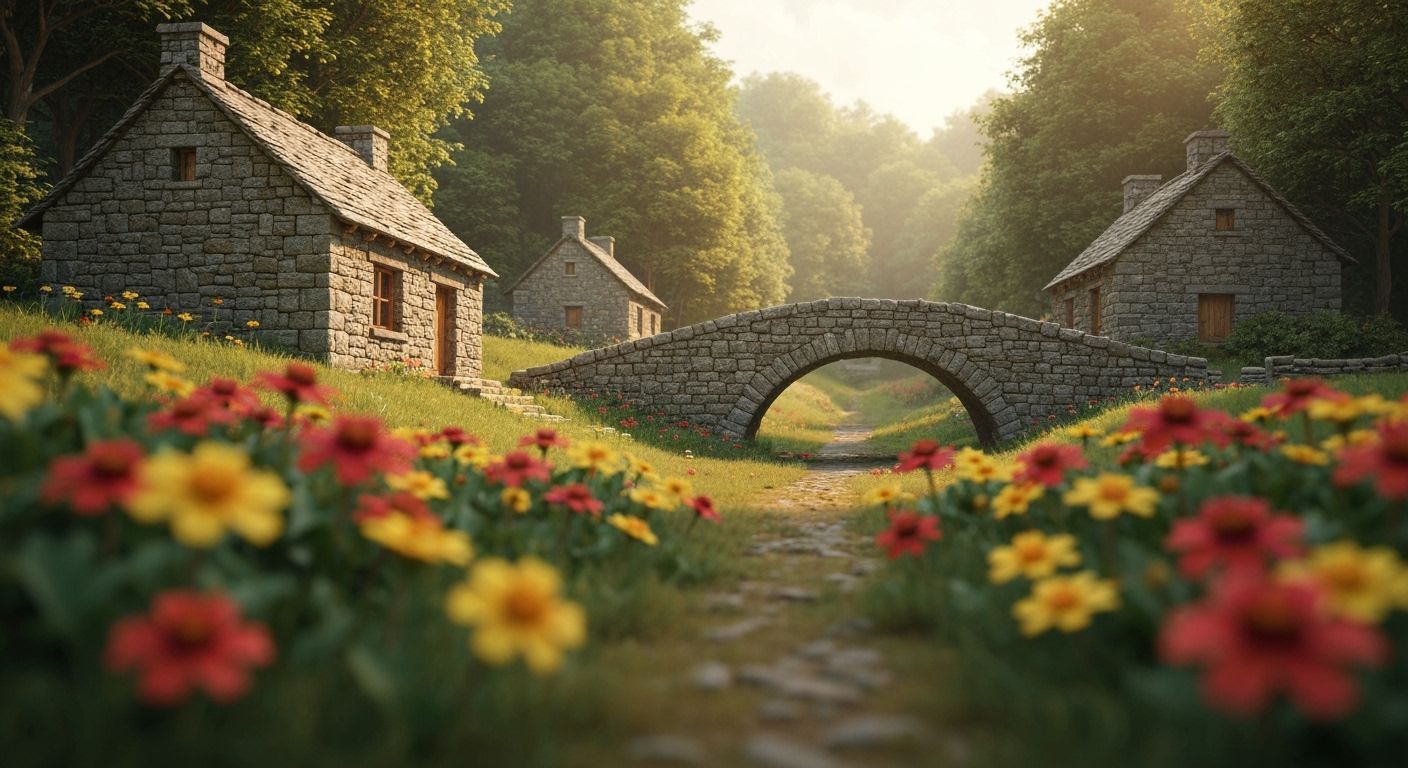 Intricate Rural Village with Stone Bridge and Cottages
