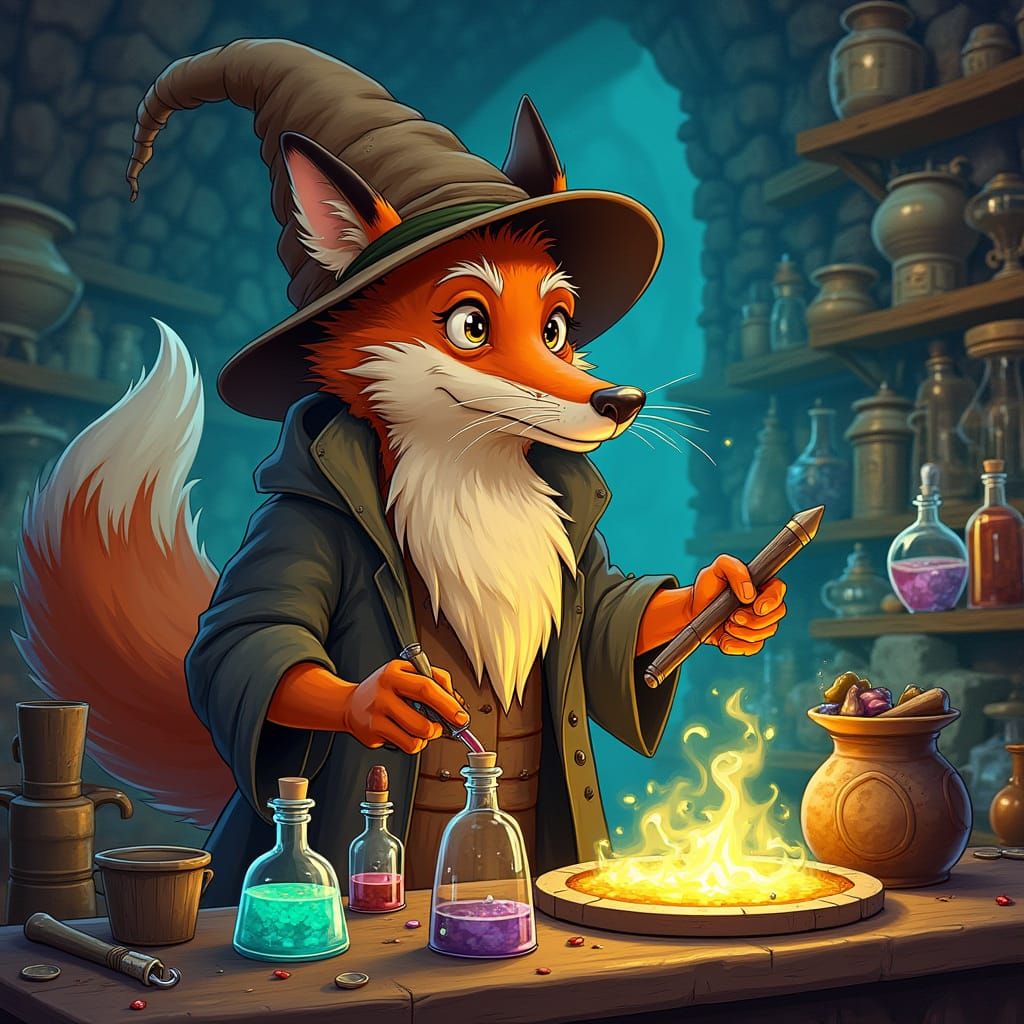 Whimsical Wizard Fox Brews Magical Potions in Cluttered Labo...