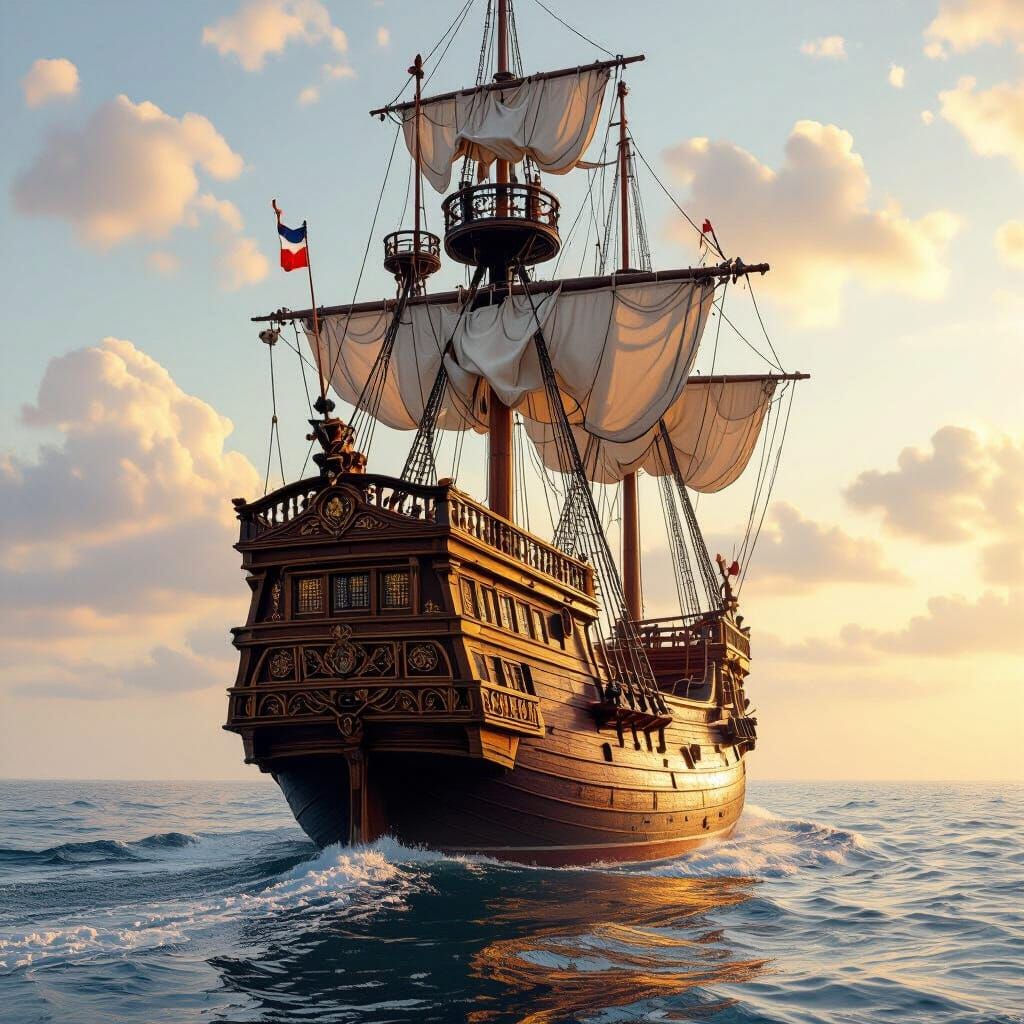 Photorealistic Galleon Sails Away in Golden Light
