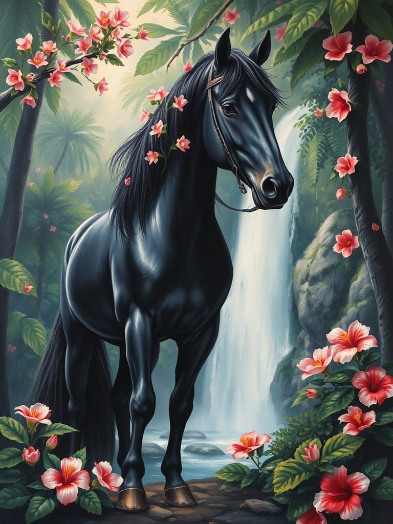 Majestic Black Horse in Tropical Bloom
