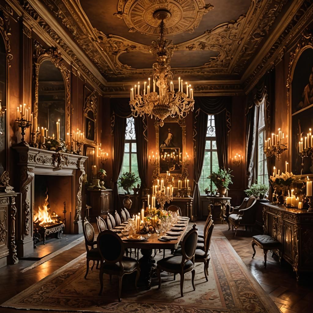 Ornate Renaissance Dining Room with Candlelight