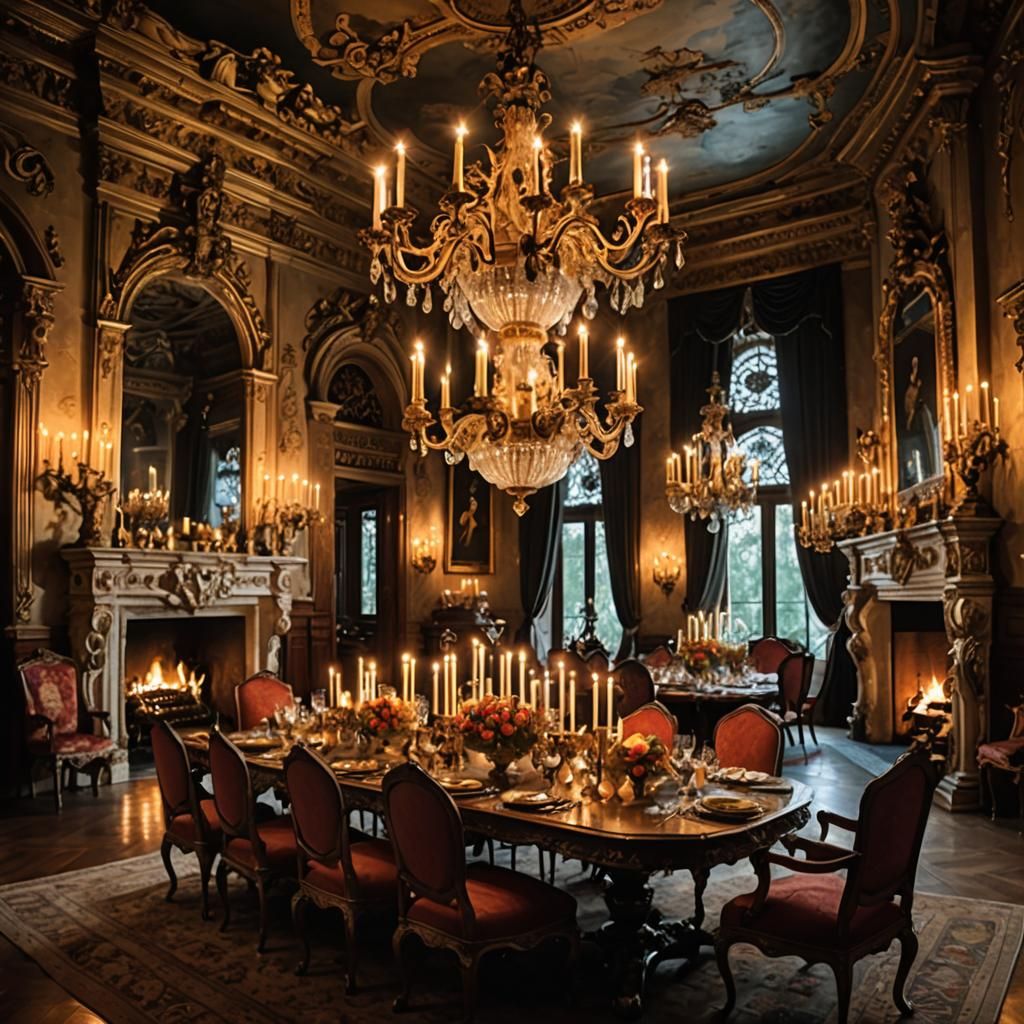 Ornate Renaissance Dining Room with Candlelight