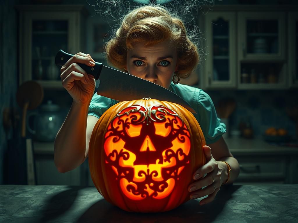 Terrified Housewife in Gothic Horror Kitchen Setting